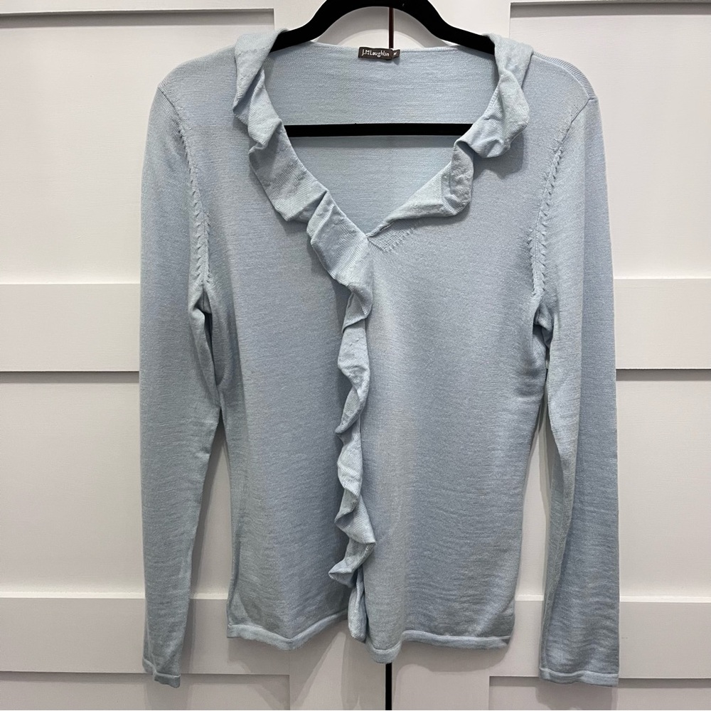 J. McLaughlin wool sweater Sz medium pale blue ruffles v neck long sleeves